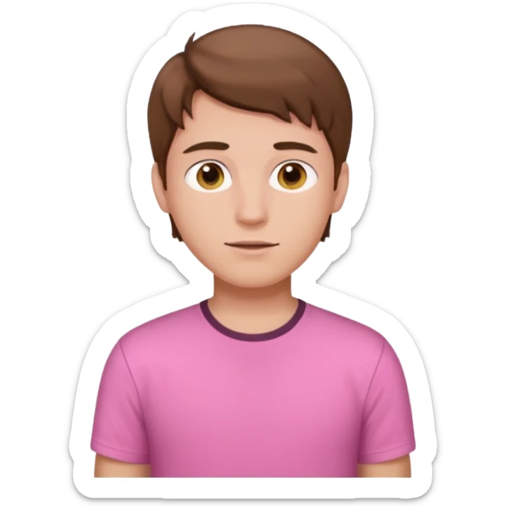 portrait of a young man with short brown hair and a pink shirt sticker