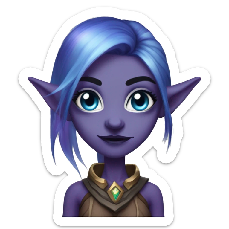 night elf female whom world of warcraft with white sclera eyes, purple skin, blue hair, long eyebrows and ears, blue eyemask sticker