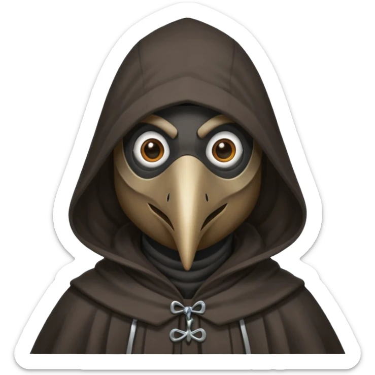 plague doctor
hooded cloak - dark black/charcoal
cute, simplified style
happy expression sticker