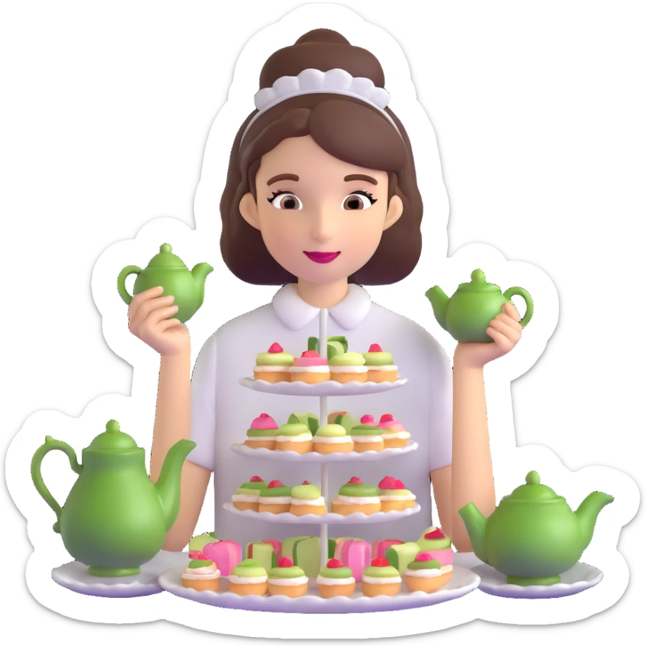 Sophisticated British young woman at afternoon tea party with teapot, cucumber sandwiches and petit fours sticker