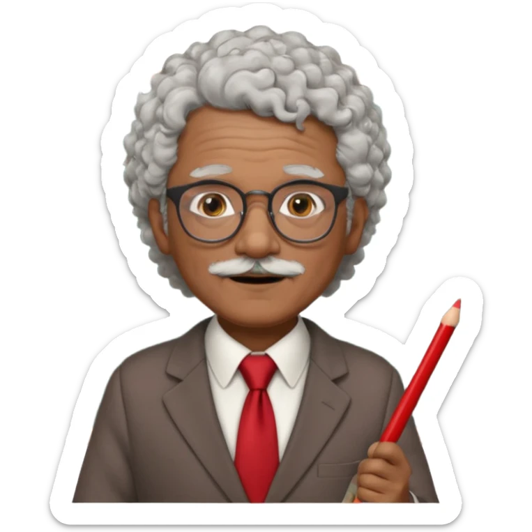 old man teacher, brown skin, curly grey white hai, wearing glasses, brown suit, red tie hold chalk on hand sticker