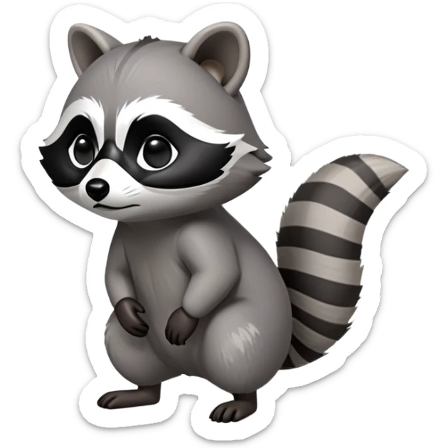 Cinematic-cute Raccoon-Realistic-hunched Full-Body on all fours-Emoji – Tail flicking lazily, head tilted dramatically, thick grey fur with a signature black mask, sharp and alert ears, simplified yet realistic focused features, highly detailed, glowing with an almost sarcastic glow big black eyes realistic body sticker