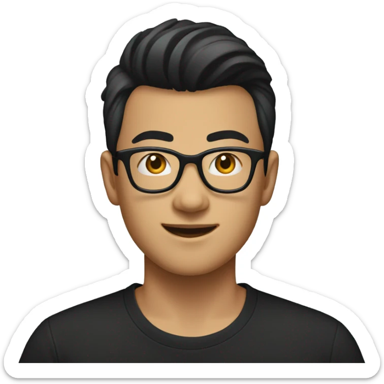 25 year old Asian male with glasses and pompadour hair, black tshirt sticker