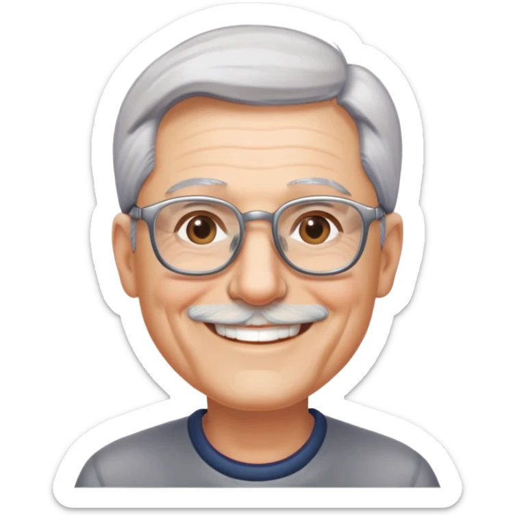 người đàn ông 60 tuổi, da trắng, tóc bạc, mặt cười tươi vui vẻ, đeo kính, nửa thân trên sticker