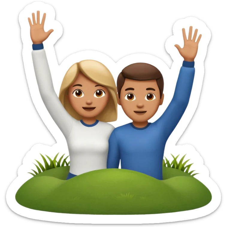 A 3D cartoon couple on top of a hill raising hands in victory, sunny sky and nature background, Memoji-style. sticker
