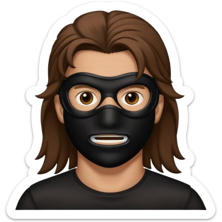 A guy with a brown mullet and a black mask over his mouth and nose sticker