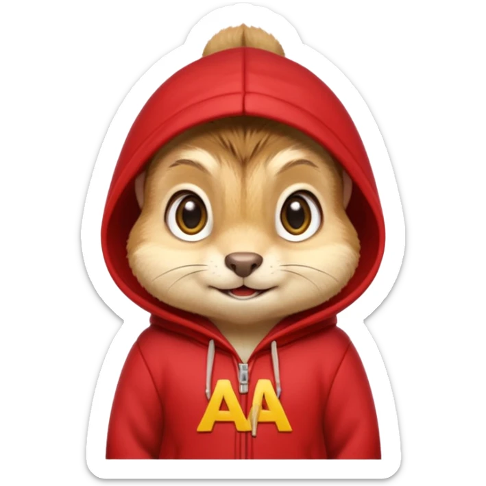 Portrait of a cute cartoon chipmunk with light brown and beige fur, wearing a red hoodie no zip with a yellow 'A' on it, big round eyes, small nose, and a mischievous grin, front-facing, stylized in animated movie style sticker