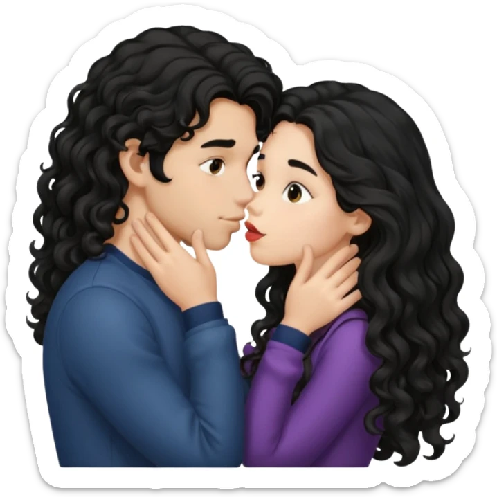girl with long black hair kissing boy with long curly hair  sticker
