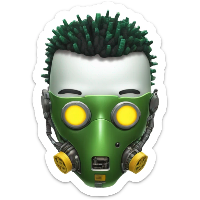Green skin cyborg head with dark yellow Mohawk, white respirator mask and circuitry sticker