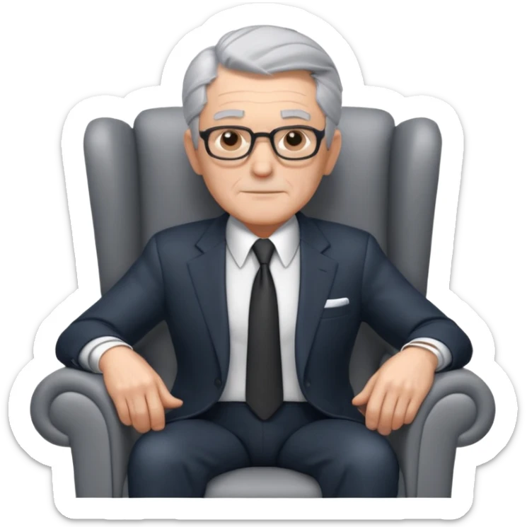 elderly businessman sitting in an armchair, wearing a formal suit and tie, gray hair, confident wise expression, corporate boss vibe, 3D cartoon style, mobile game icon style, clean background, no text, no watermark
 sticker