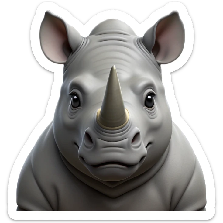 cinematic-noble-rhinoceros-portrait-emoji,-poised,-with-a-massive,-powerful-build-and-a-thick,-hide-of-slate-gray,-deep-set-soulful-piercing-eyes,-simplified-yet-sharp-and-sophisticated-features,-highly-detailed, with large black eyes, szoomed out showing houlders sticker