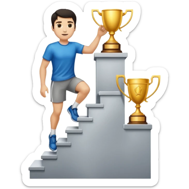 UN HOMBRE DE PIEL CLARA Y PELO OSCURO SUBIENDO ESCALERAS PARA ALCANZAR UN TROFEO QUE ESTA EN EL ULTIMO ESCALON sticker