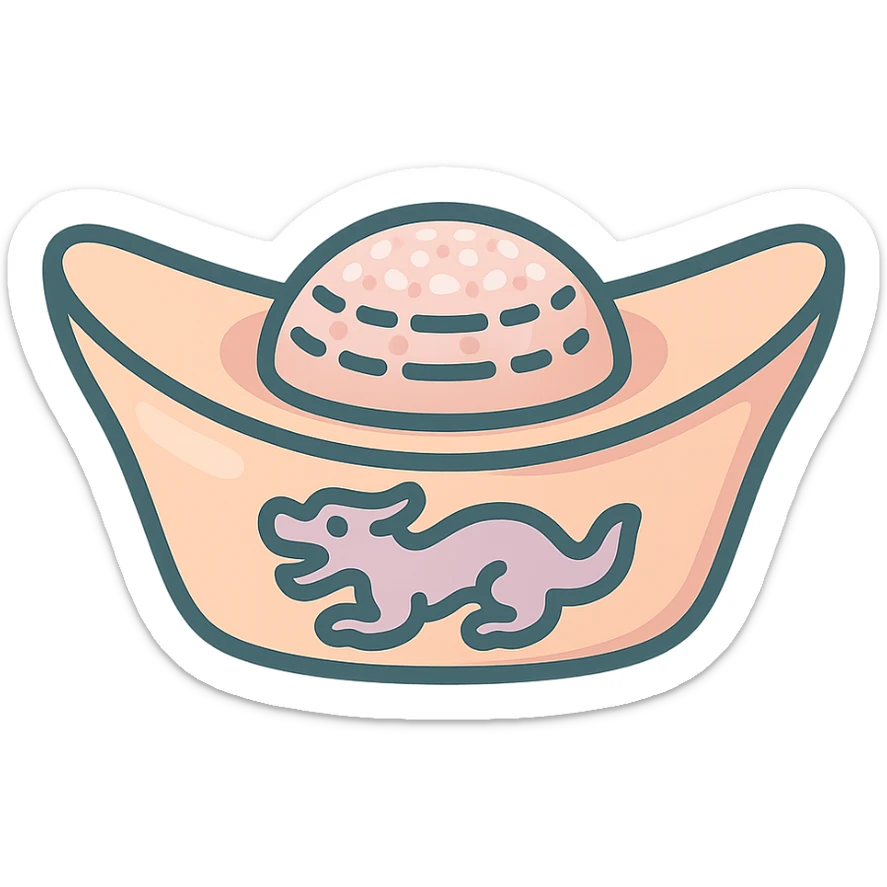 Create a variant of the Chinese gold ingot (yuanbao) with a dragon on the side, in icon-color-outlined style with shadows and highlights, thin clean contours, soft rounded shapes. Use a pastel palette: #98B5BC, #B5B3C1, #C9A3C9, #E4C0CA, #F7DCD1, #F7C0AA. Modern Japanese pop-art and sticker aesthetics, high detail, vector sharpness, soft lighting, transparent background. Shape as in the reference. sticker