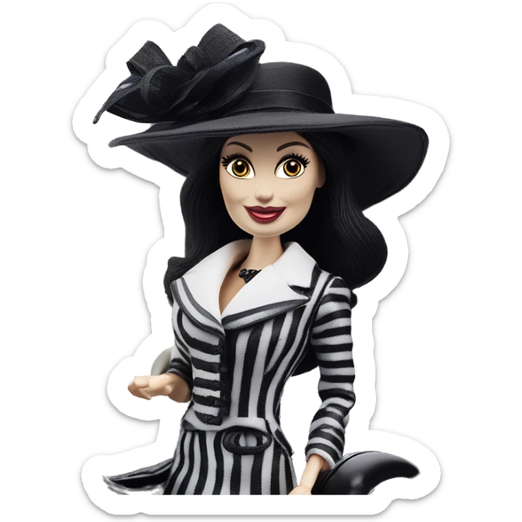 Kentucky Derby Barbie, 1910 Morticia Addams from academy, in dark-gray and black striped outfit with hat. Smiling Driving Mercedes convertible sports car. Pale-white porcelain skin.  sticker