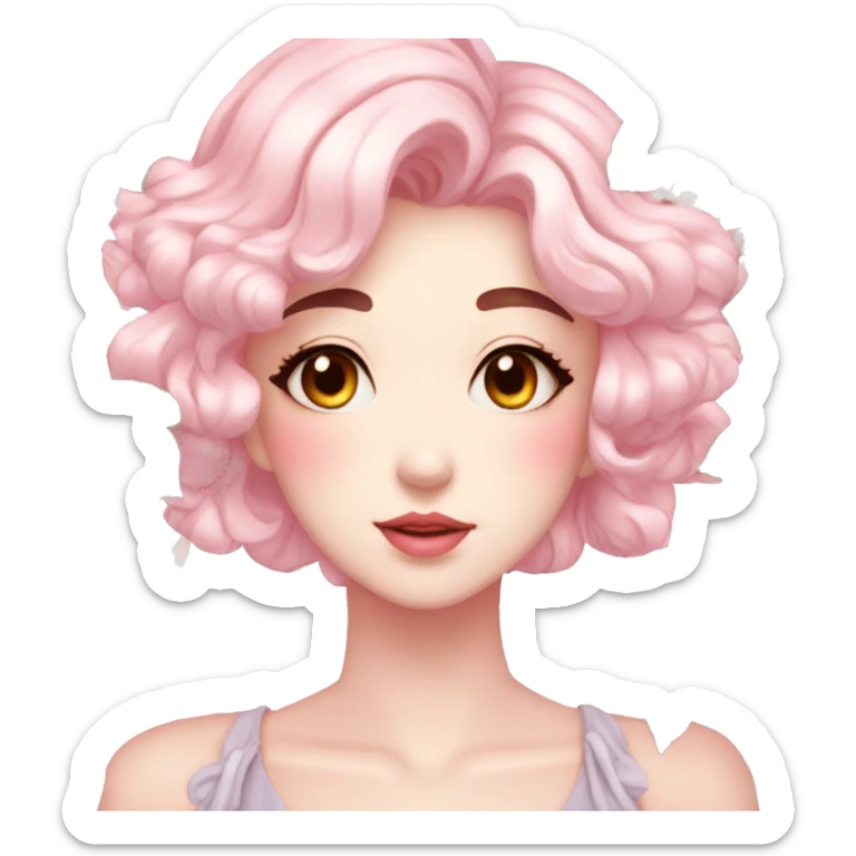 Gorgeous pastel shiny pearly anime style lady with blushing face and roses leaves shiny aesthetic trending style sticker