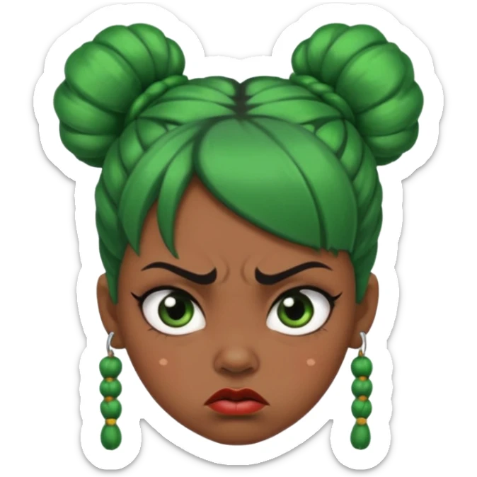 Create a 3D cartoon-style girl character with dark skin, round face, angry expression, big wide eyes, and tightly styled double buns made of green beaded hair. The girl should look irritated, eyebrows sharply angled, and lips pressed in a frown. sticker