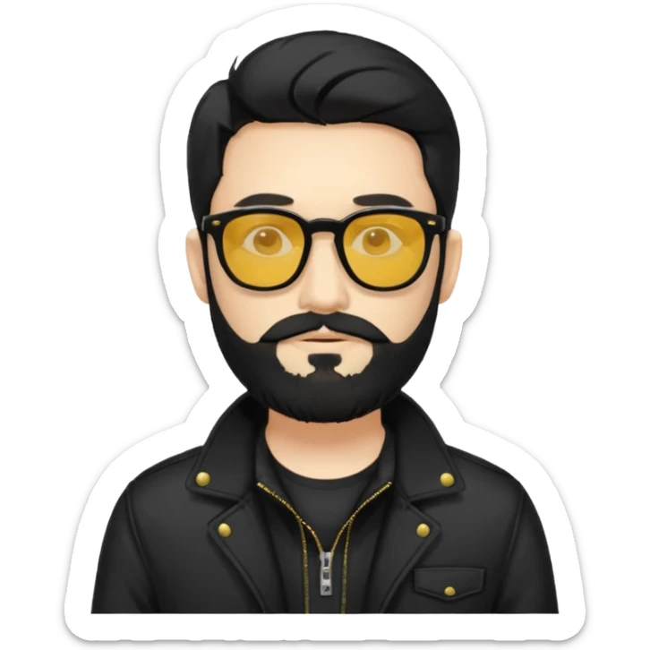 A man White middle long middle part black hair sunglasses with yellowish glasses And black jacket. Hipster black beard sticker