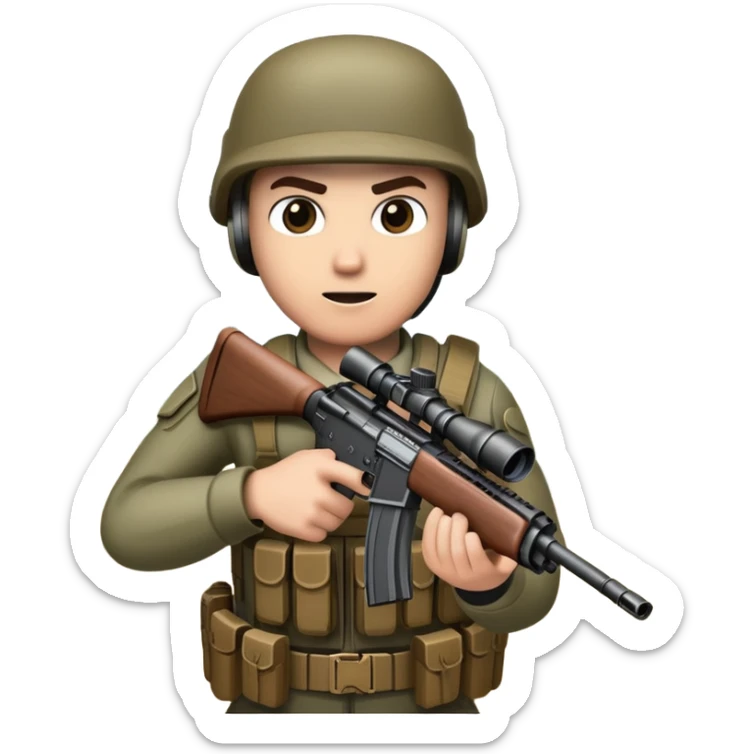 An icon representing a first-person shooter, inspired by Call of Duty. The design shows hands holding a rifle at the bottom of the screen, with enemies in the background and a detailed landscape. The action is intense, with gunfire and dynamic movement. Transparent background. sticker