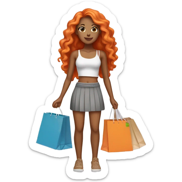 Tan girl with long orange hair wearing a skirt and crop top outfit holding shopping bags sticker