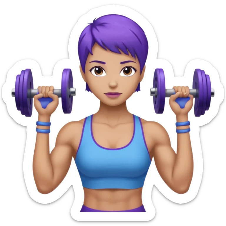 weight lift woman short blue purple har muscles bar is not growing from head sticker
