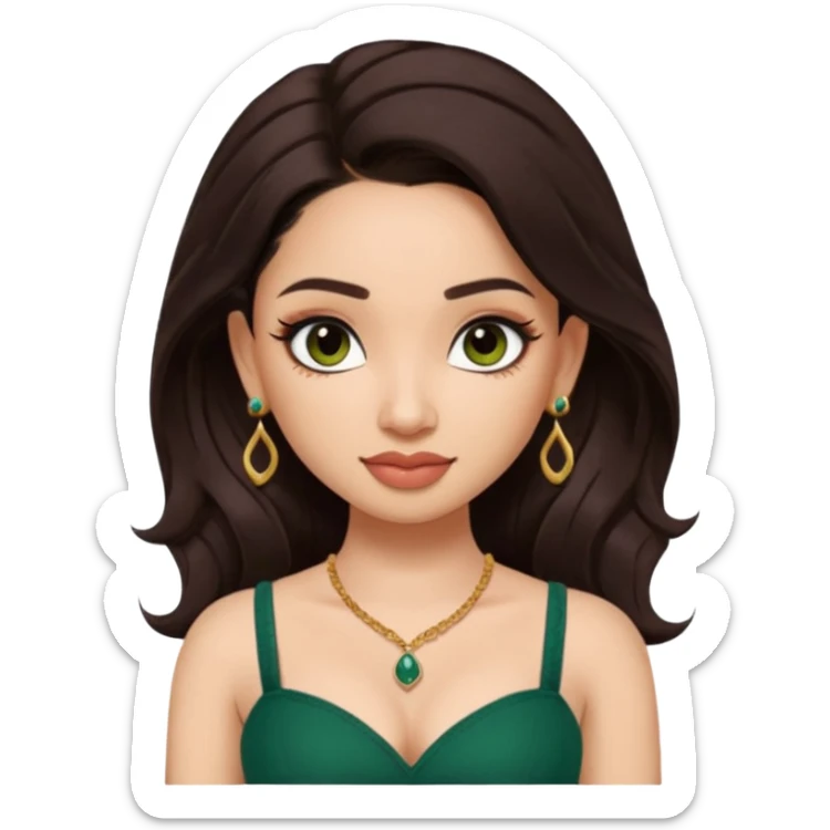 pretty bratz genmoji that looks like tamannah bhatia (bollywood actress), wearing a dark green sweetheart neckline top, dark brown hair, light makeup, no necklace, dangly earrings, side hair part, dark brown eyes, with tattoos sticker