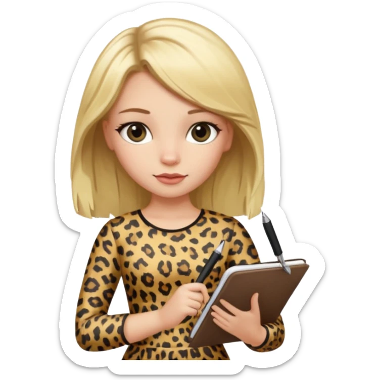 Blond hair girl with a leopard print dress and black leggings holding a note book and a pen sticker