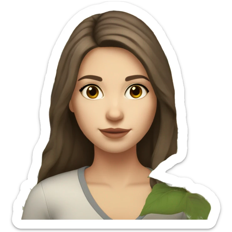 a white girl with shoulder length dark brown hair, small rosy lips holding a bouquet of sunflower sticker