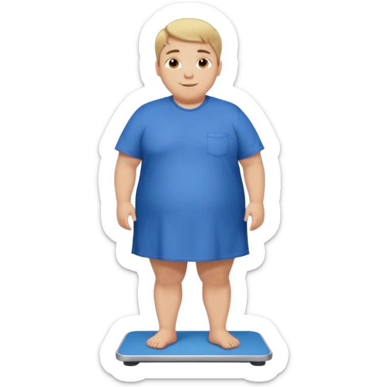 A young male with short dark-blonde hair and medium-light skin, only slightly overweight. He stands on a scale with a relieved, happy expression after noticing weight loss. He wears blue cloth, his posture relaxed with a gentle smile. sticker