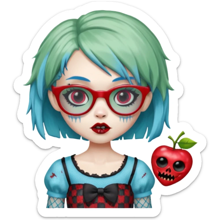 Ghoulia yelps monster high doll in scene/emo style cherry print dress with fishnet sleeves, clothes, thin, small, red, rectangle glasses, pale white-blue skin, pale-green short shaggy hair , zombie scars , boy sticker