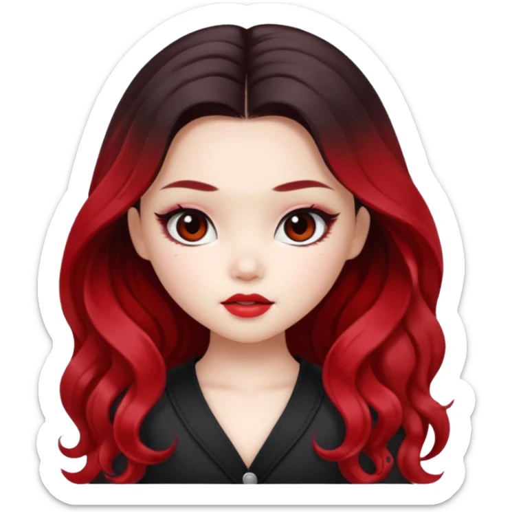 black ombre to red long wavy hair, pretty bratz baddie, pale skin, dark brown eyes, asian pretty bratz baddie sticker