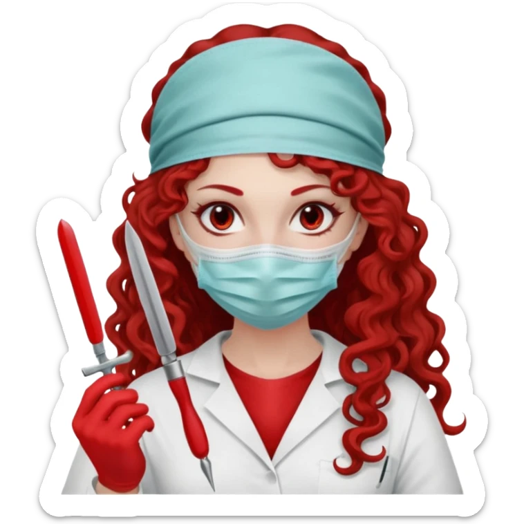 Lilith symbol seductress long curly hair evil surgeon.  brown hair. Red surgical mask and hair covering. She works for cartel and kills  with a scalpel. sticker