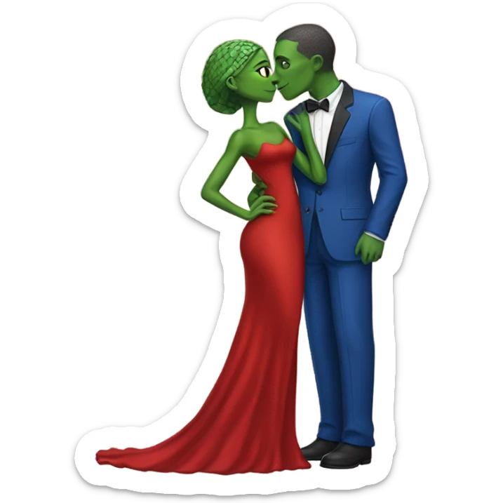 Beatiful tall green skin female reptilian in red dress, kissing white man in blue dress, full figure, full body sticker