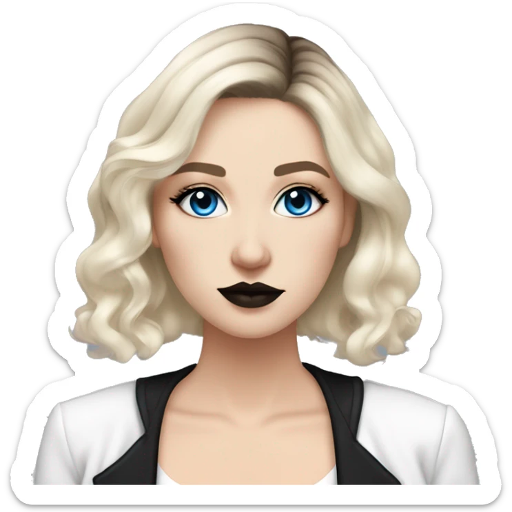 Slavic adult woman, goth eyes makeup, pink lips, blue eyes, medium bob black-to-blonde ombre wavy hair, white T-shirt and black office jacket. sticker