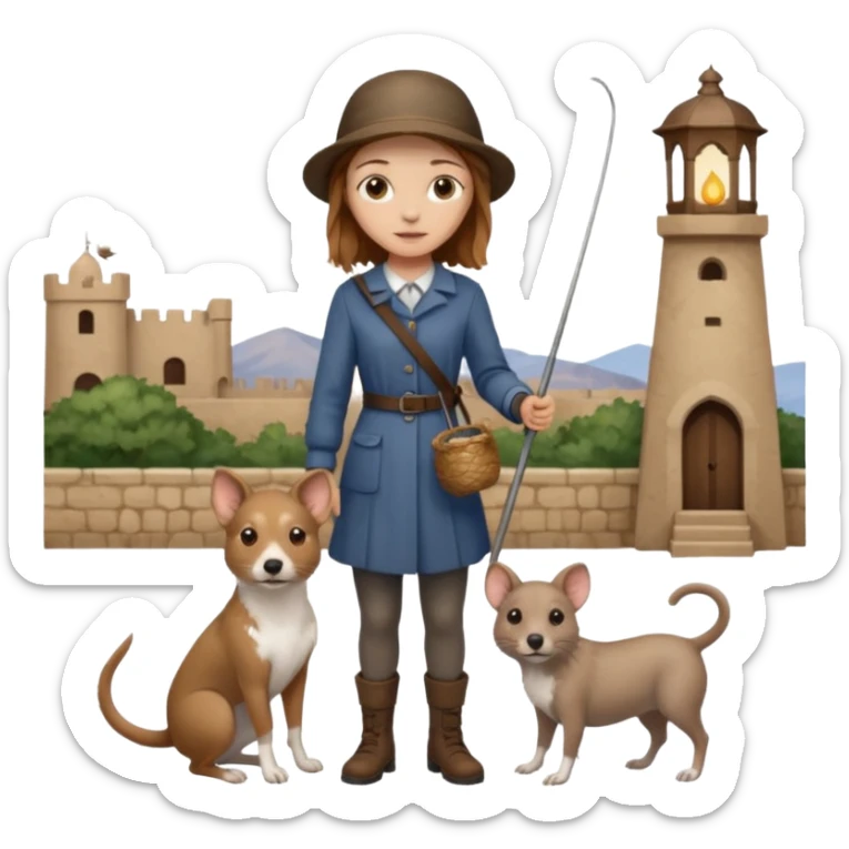 girl with brown eyes and light brown hair standing next to an Andalusian rat-catcher dog sticker