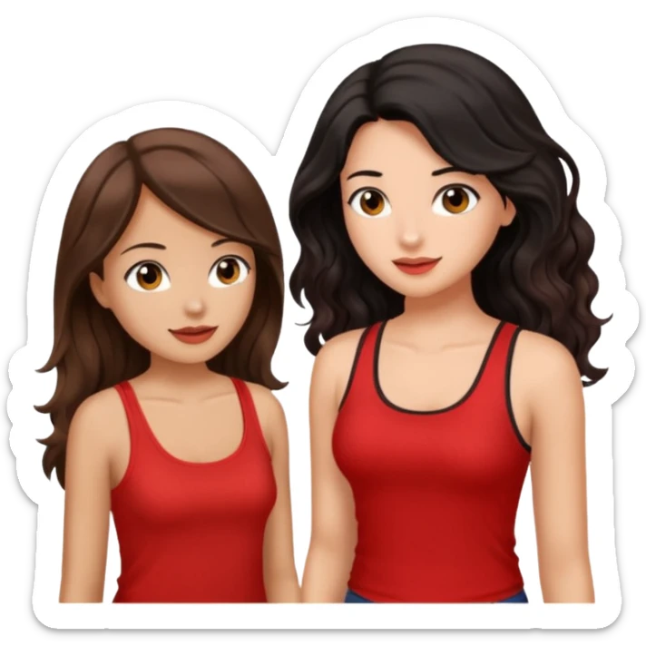 generate a pretty tan bratz girl with brown wavy hair long wearing a red tank top talking to a girl with black hair sticker