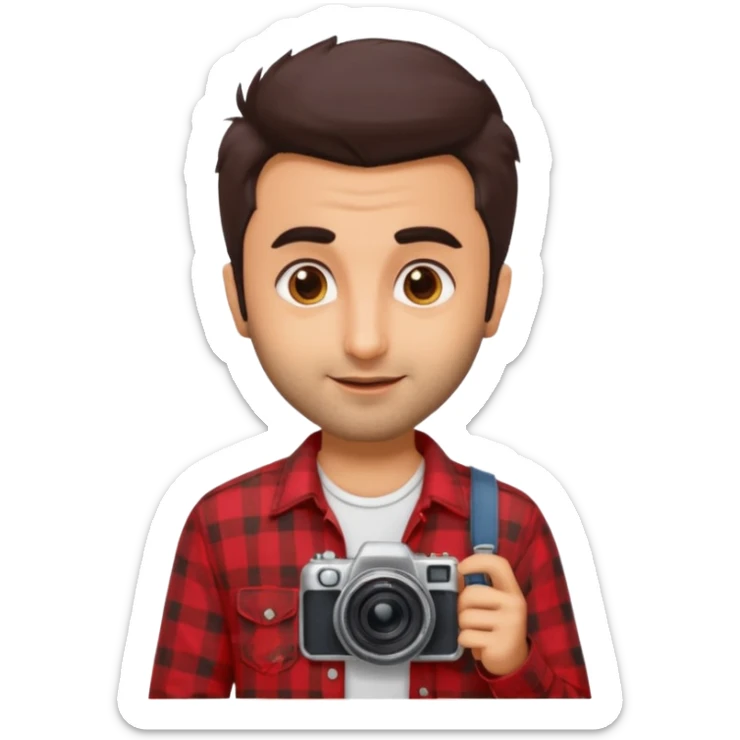 generate a pretty bratz emoji 
Make her look like Ranbir kapoor wearing a red flannel shirt,with white tee underneath. smirking and carrying a camera

he should look exactly  like ranbir kapoor!  sticker
