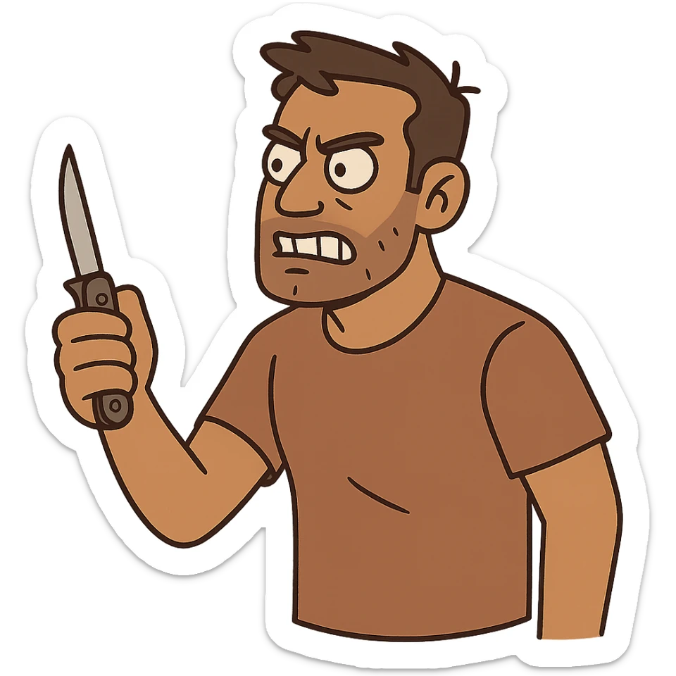 hombre con piel moreno clara, navaja en la mano, estilo flat toon sticker