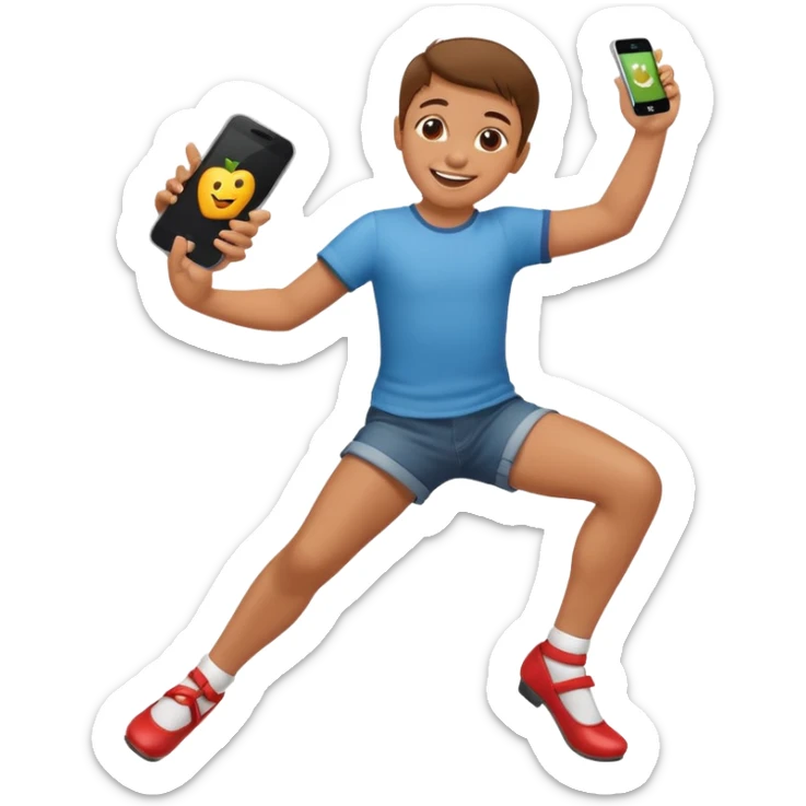 happy child dancing with a phone, one leg kicked out, apple style emoji sticker