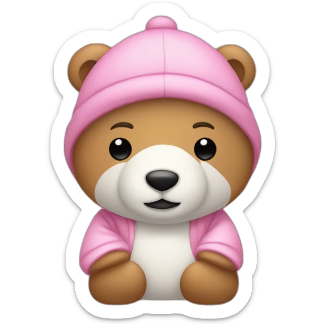 Un oso de peluche blanco con un pijama rosada y un gorro blanco y muy delgado sticker