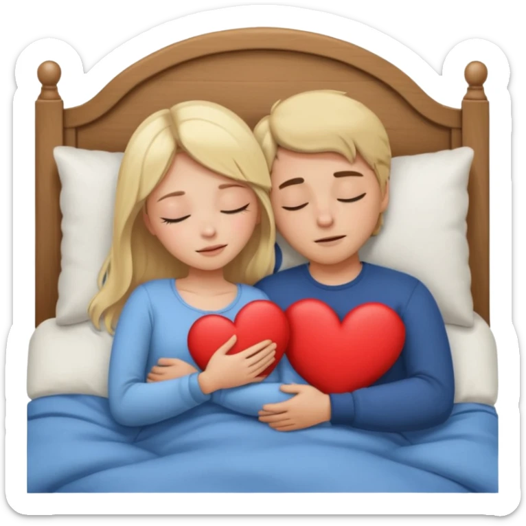 cuddling in bed, asleep. blonde girl. brunette man. eyes closed. heart between them. no headboard sticker