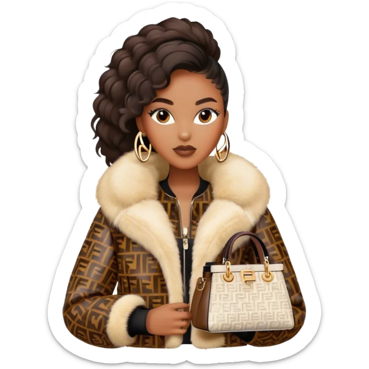 Beautiful black woman wearing a monogram Fendi jacket with a fur trim. She is carrying a Fendi Mini Peekaboo Bag. I want the image close up sticker