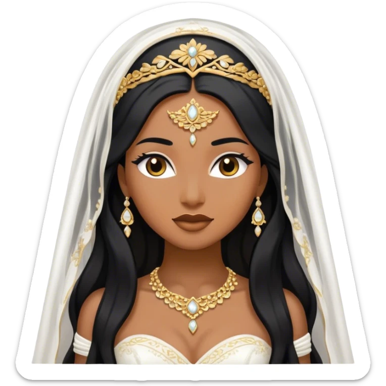 bride with long black hair, gold jewelry, brown skin, and shows full white wedding dress and veil sticker