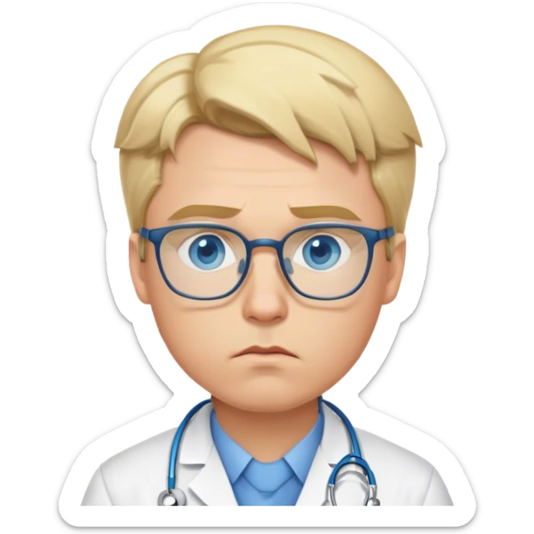 Young male doctor with blonde hair, blue eyes, glasses, pouting sticker