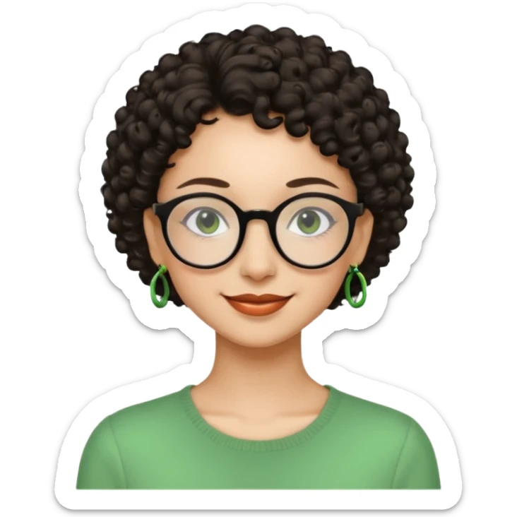 Very slim woman, light skin, short dark curly hair, black round glasses, green earrings, thin build, warm smiling face. Cartoon style. sticker