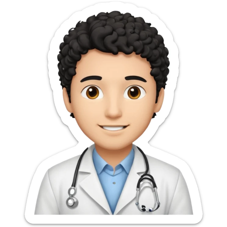 a young male doctor with black  curly hair and cheerful face sticker