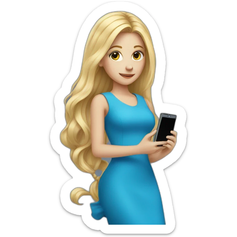 a girl in a blue dress long blond hair holding a cell phone out  sticker