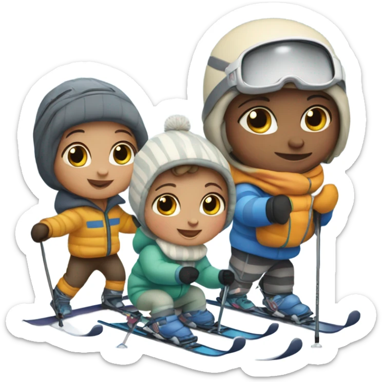 Infant skiing with its family of five, and one grey striped cat sticker