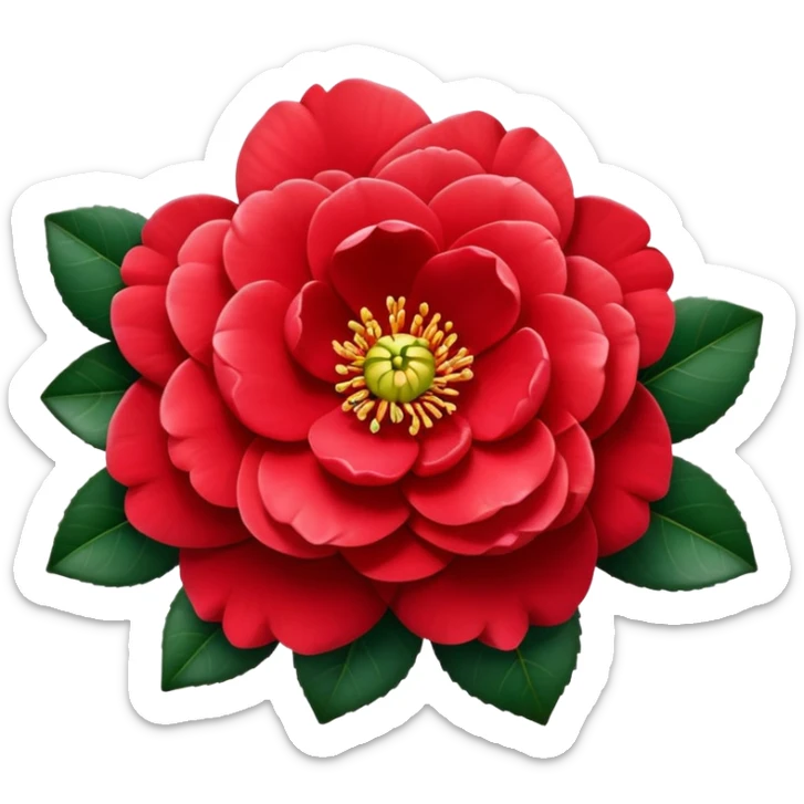 Traditional red camellia japonica (tsubaki) flower with perfectly symmetrical layered petals and glossy dark green leaves sticker