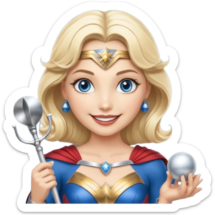 Blonde blue eyes Wonder Woman holding bell and short white orchestra conductor’s baton  sticker