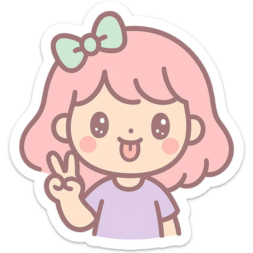 girly character sticking tongue out and showing peace hand sign, pastel tones, kawaii style sticker